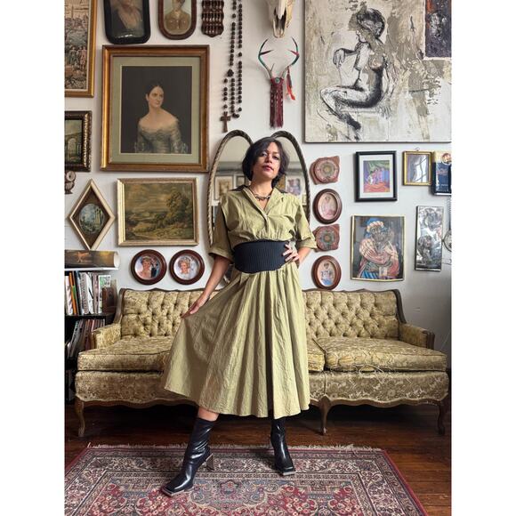 Vintage 80s Olive Green Ribbed Waist Collared Midi Dress Size 7 Medium - Picture 1 of 9